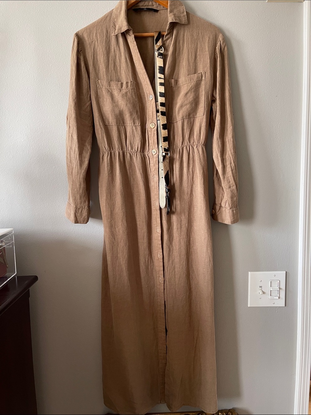 Linen Classic Tan Button-Front Shirt Dress